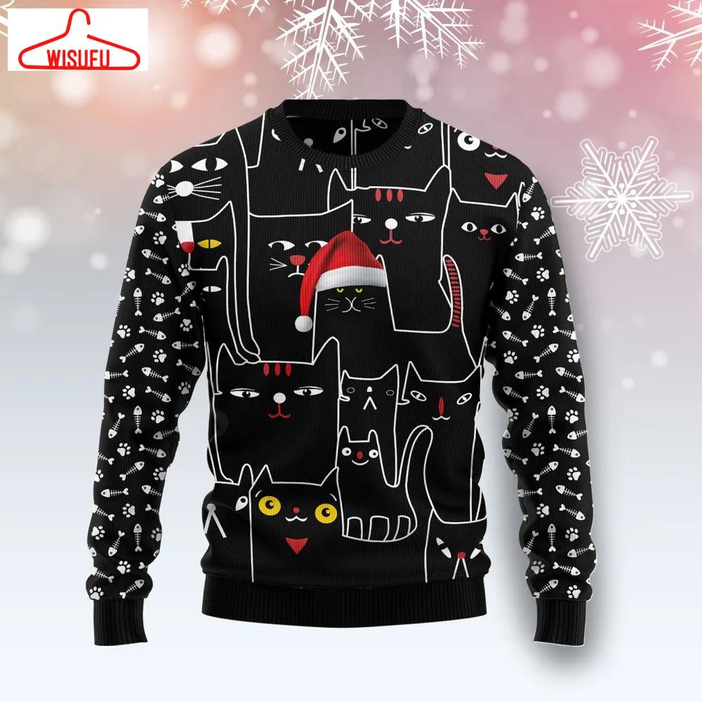 Black Cat With Noel Hat Ugly Christmas Sweater - For Men & Women - Adult - New Winter Fashion Shirt Gift For Family