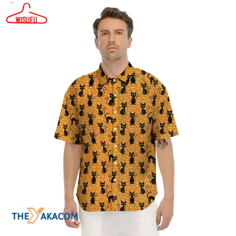 Black Cat Yellow Eyes Yellow Pattern Halloween Hawaiian Shirt, New Fashion Gifts