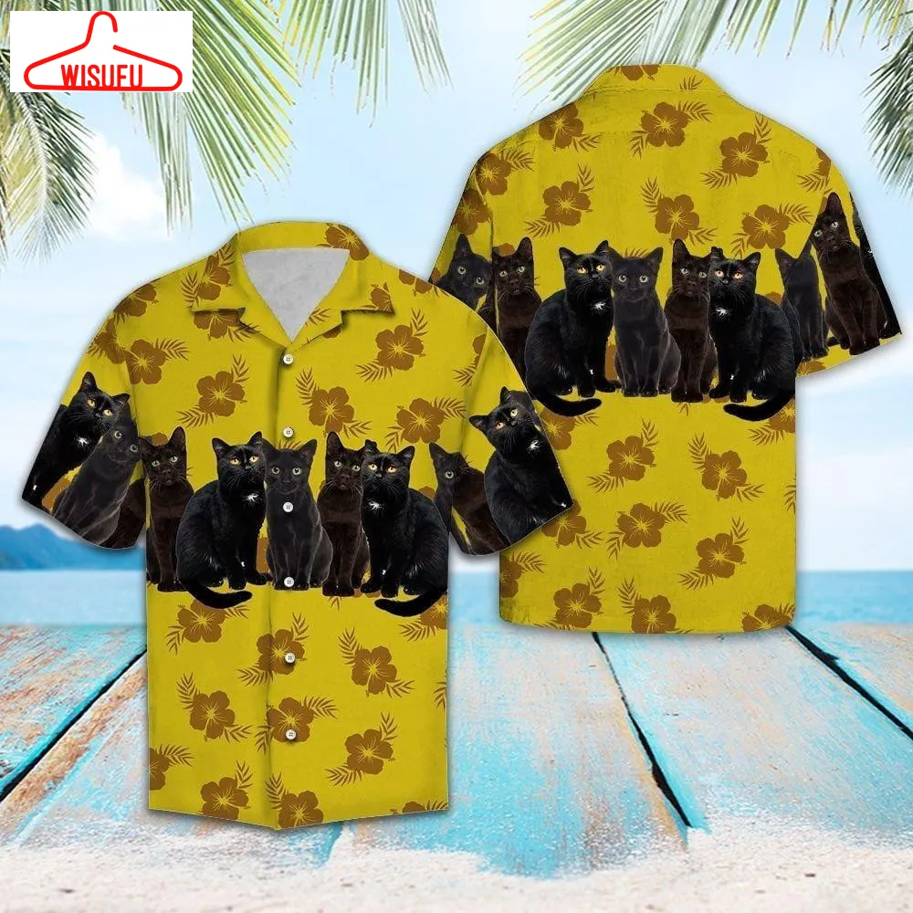 Black Cat Yellow Floral Summer Hawaiian Shirt