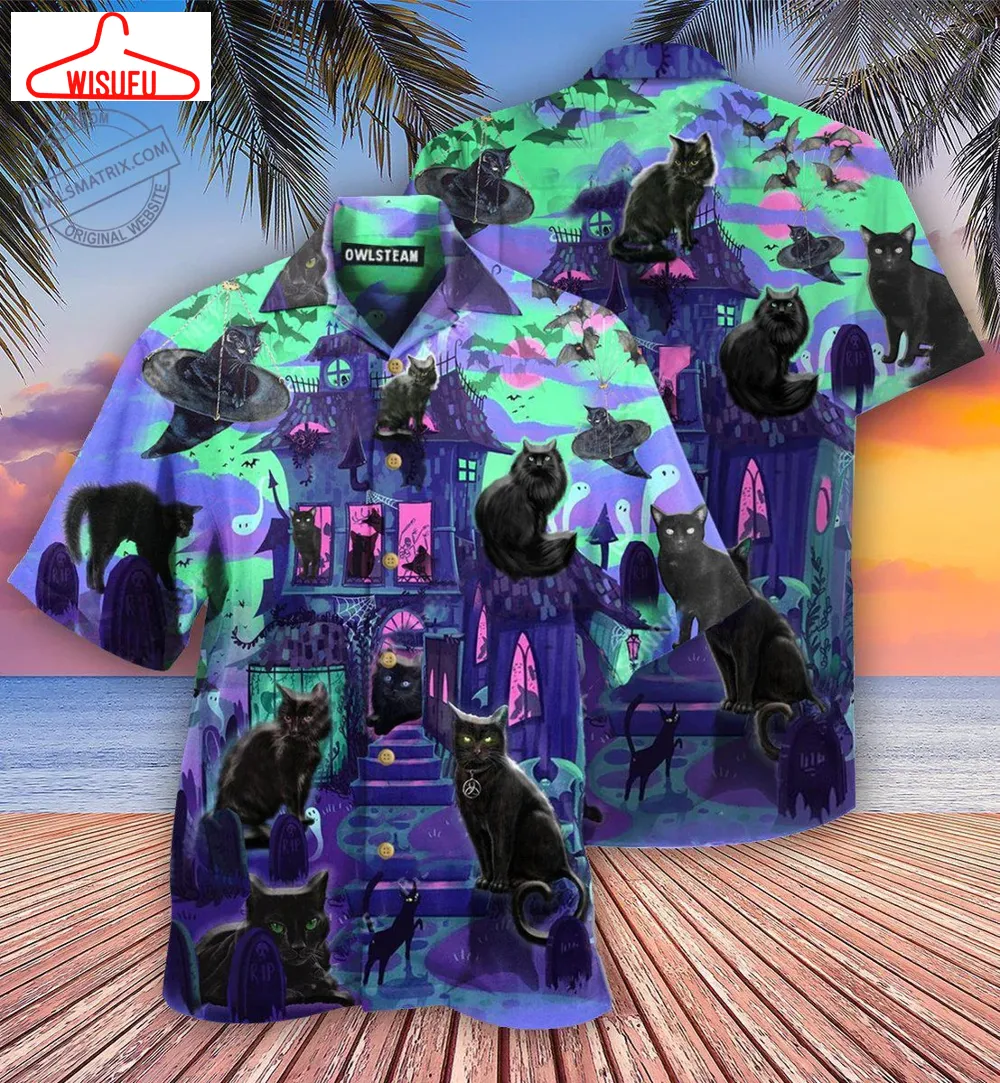 Black Cats In A Haunted House Edition Hawaiian Shirt, New Fashion Gifts