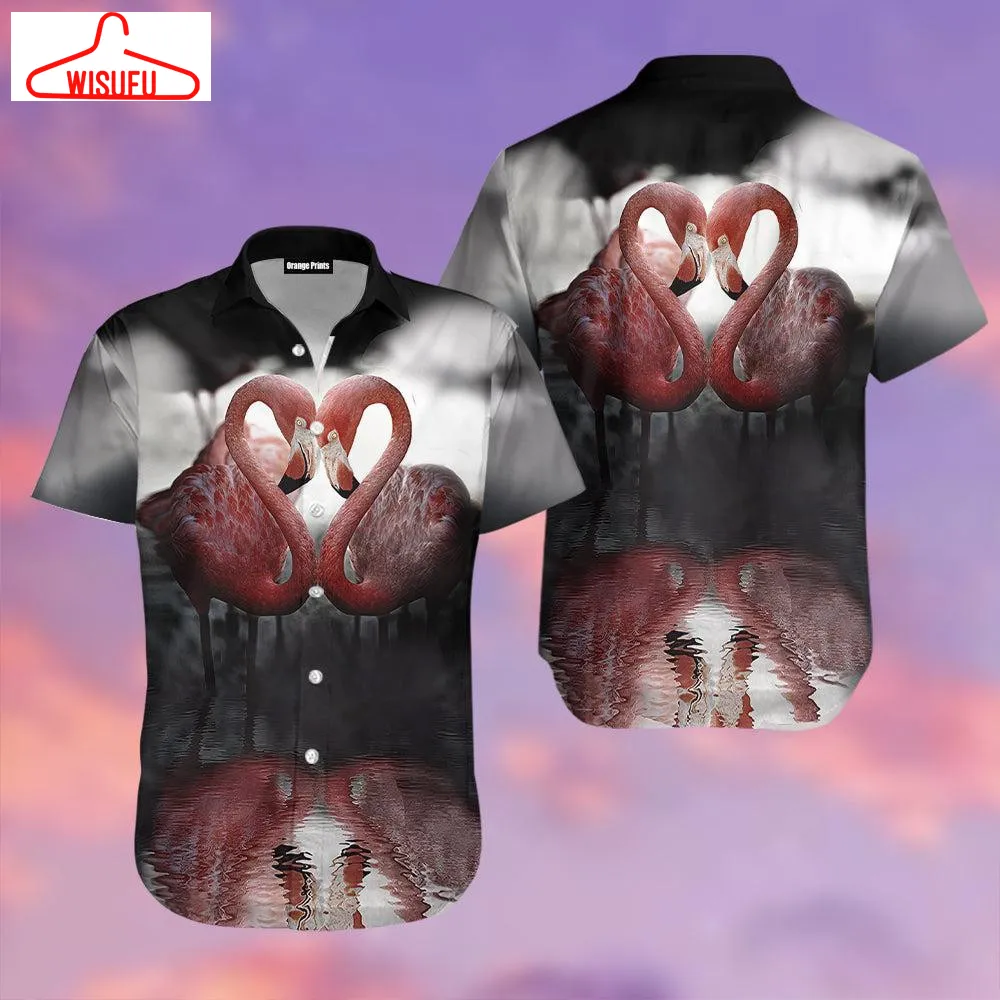 Black Flamingo Heart Hawaiian Shirt