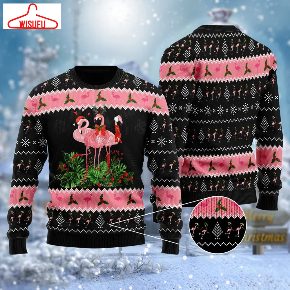 Black Pink Flamingo Jingle Bell In Area Ugly Sweater