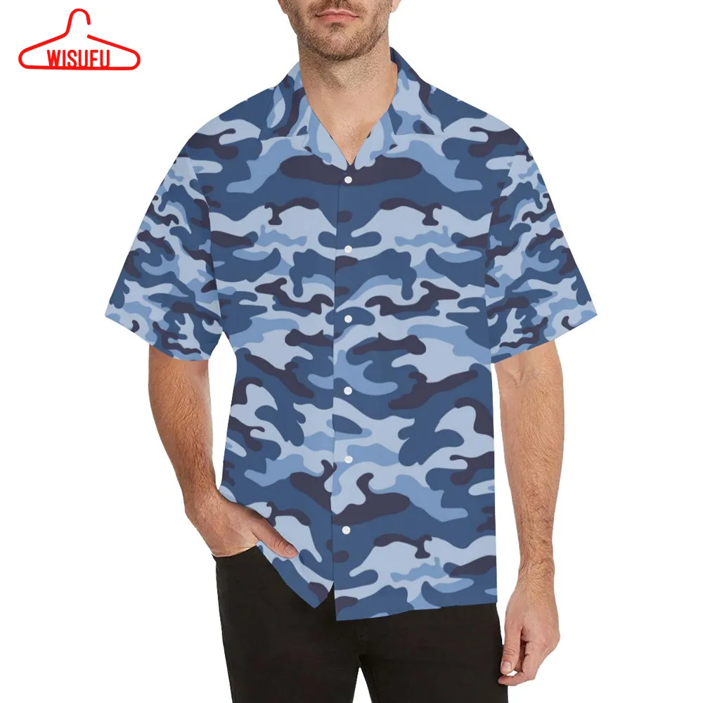 Blue Camouflage Pattern MenÂs All Over Print Hawaiian Shirt, New Hawaiian Holiday Outfits, New Fashion Gifts