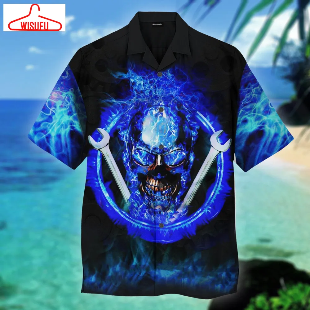 Blue Fire Skull Mechanic Hawaiian Shirt