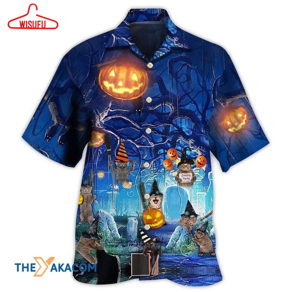 Blue Halloween Cat Hawaiian Shirt, New Fashion Gifts