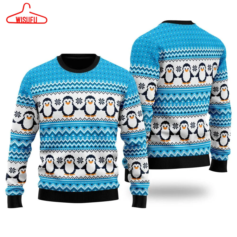 Blue Penguins Xmas Pattern Ugly Christmas Sweater - For Men & Women - New Winter Fashion Shirt Gift For Family