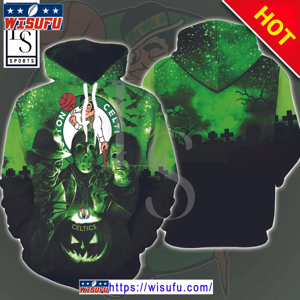 Boston Celtics Michael Myers Jason Voorhees Freddy Krueger In Halloween Galaxy Night Hoodie 3d