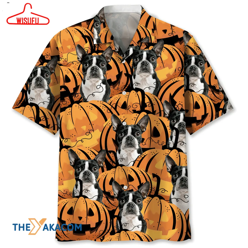 Boston Dog With Pumpkin Halloween Hawaiian Shirt, New Fashion Gifts