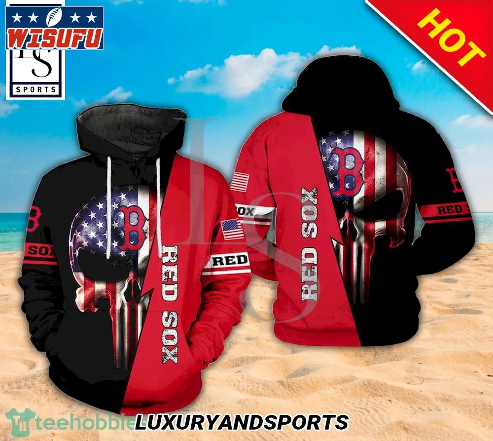 Boston Red Sox ML.B Logo American Flag And Skull Full Print 3d Hoodie