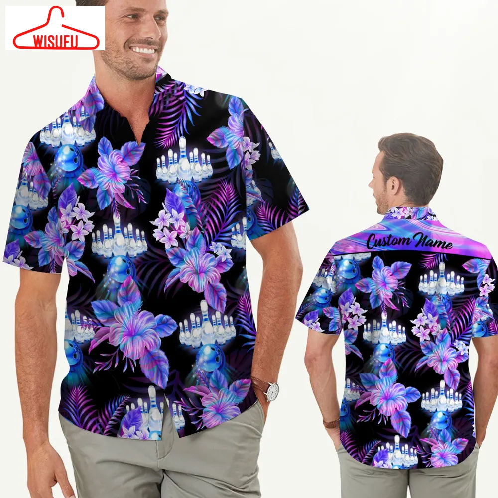 Bowling Holographic Tropical Flowers Custom Name Men Hawaiian Shirt, New Hawaiian Holiday Outfits, New Fashion Gifts