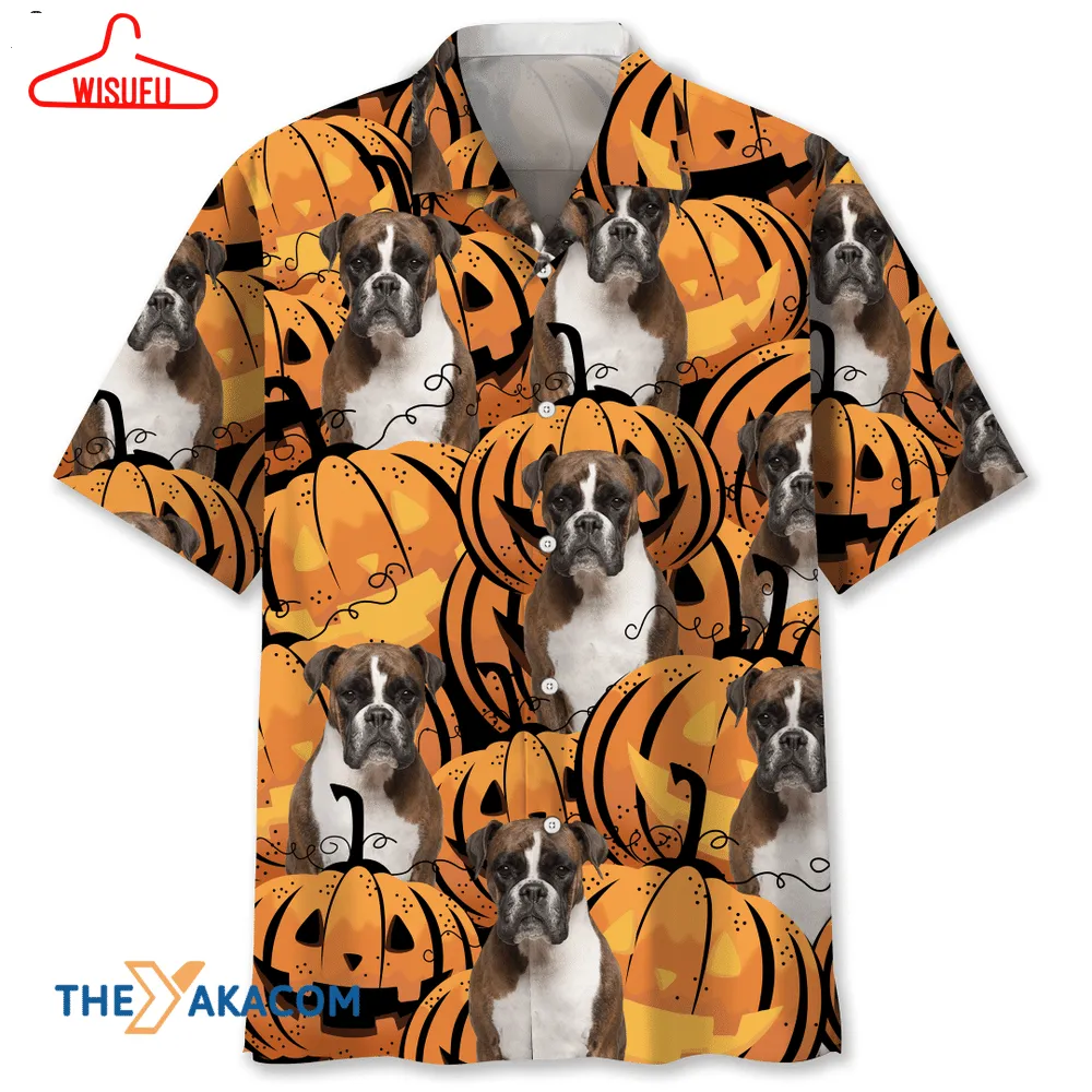 Boxer Dog With Pumpkin Halloween Hawaiian Shirt, New Fashion Gifts