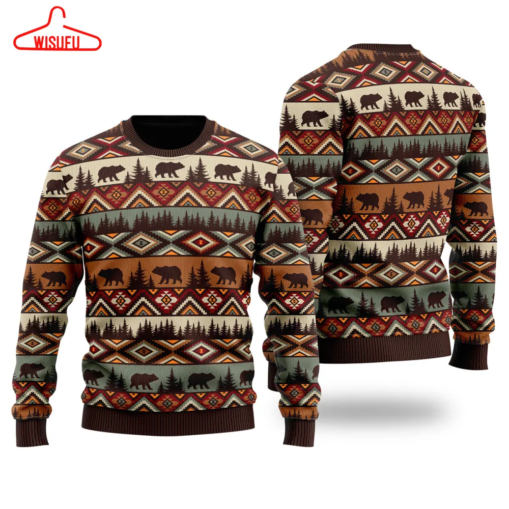 Brown Tribal Bear And Fir Tree Pattern Ugly Christmas Sweater - For Men & Women - New Winter Fashion Shirt Gift For Family