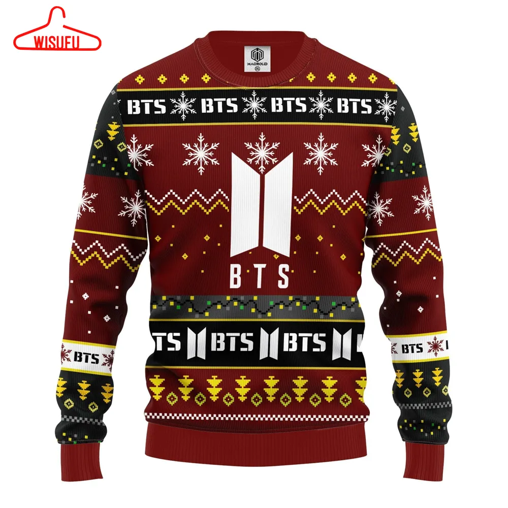 Bts Logo Red Ugly Knitted Christmas Sweater, Bts Ugly Xmas Sweater Fan Gifts Shirt, Christmas Sweater, Ugly Christmas Sweater