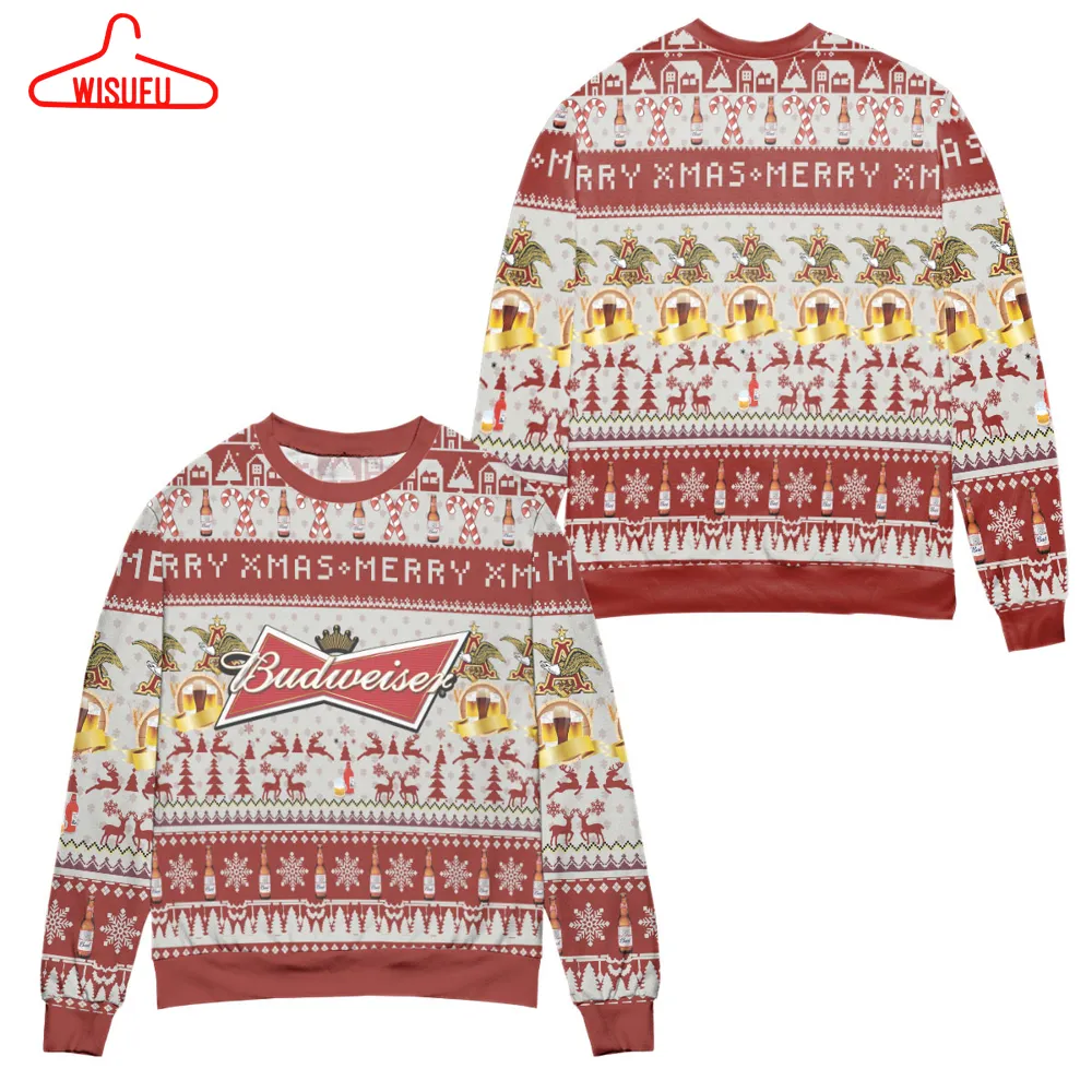 Budweiser Merry Xmas Reindeer Snowflake Pattern Ugly Christmas Sweater