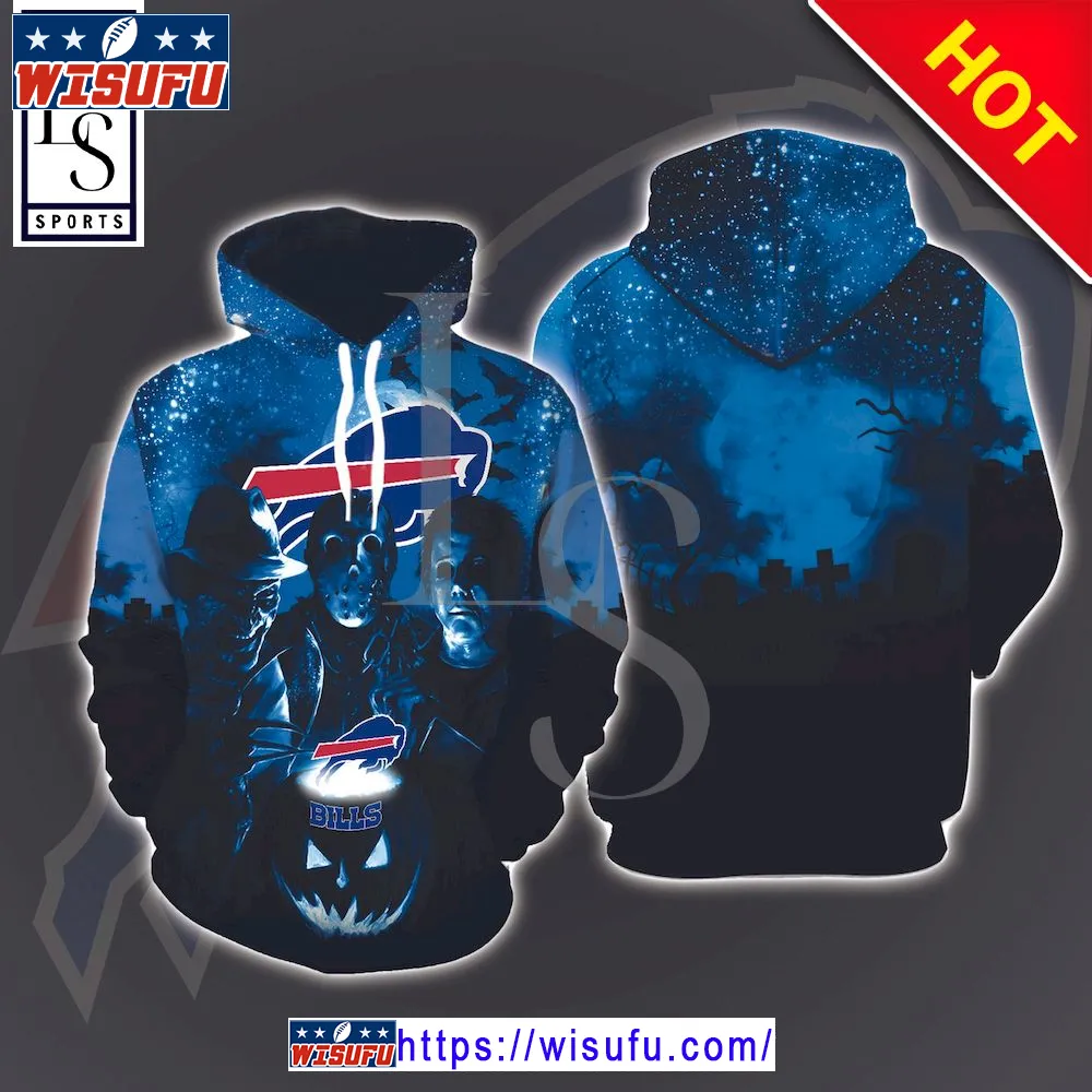 Buffalo Bills Michael Myers Jason Voorhees Freddy Krueger In Halloween Galaxy Night Hoodie 3d