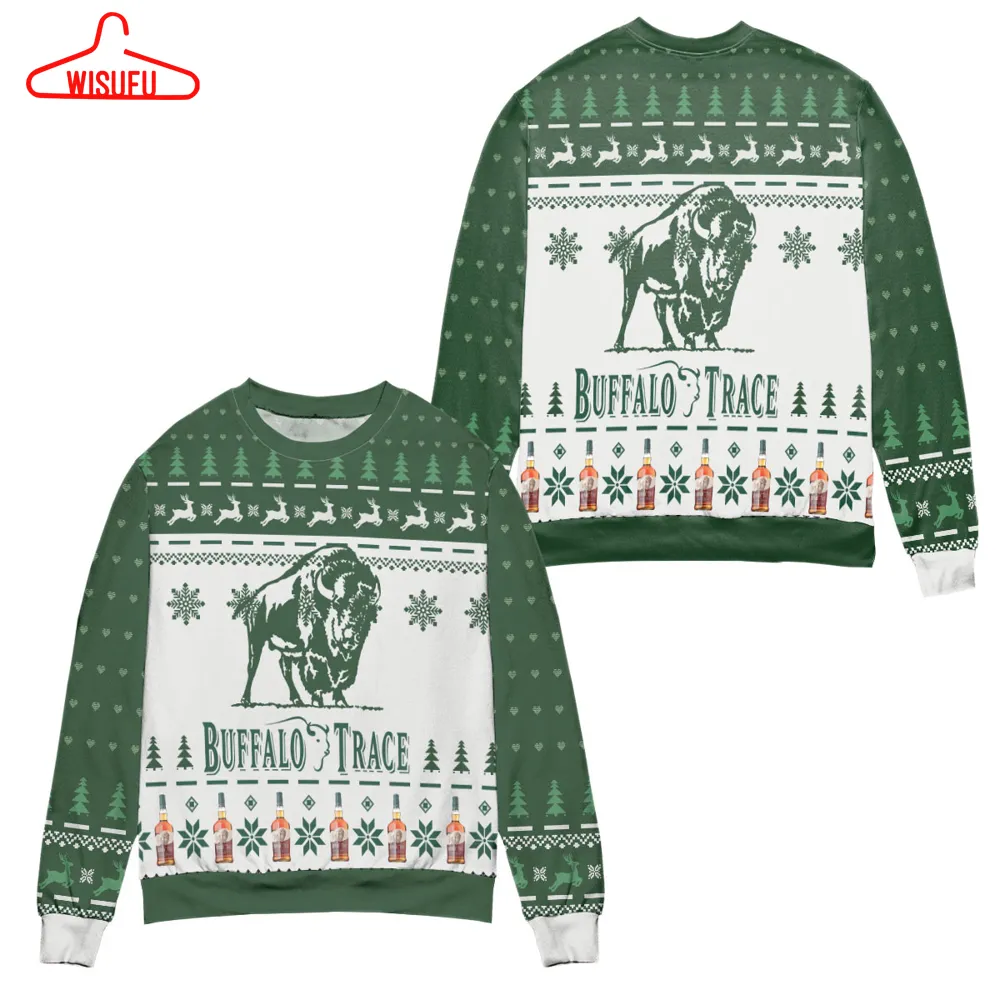 Buffalo Trace Kentucky Straight Bourbon Whiskey Reindeer Pine Tree White Green Pattern Ugly Christmas Sweater