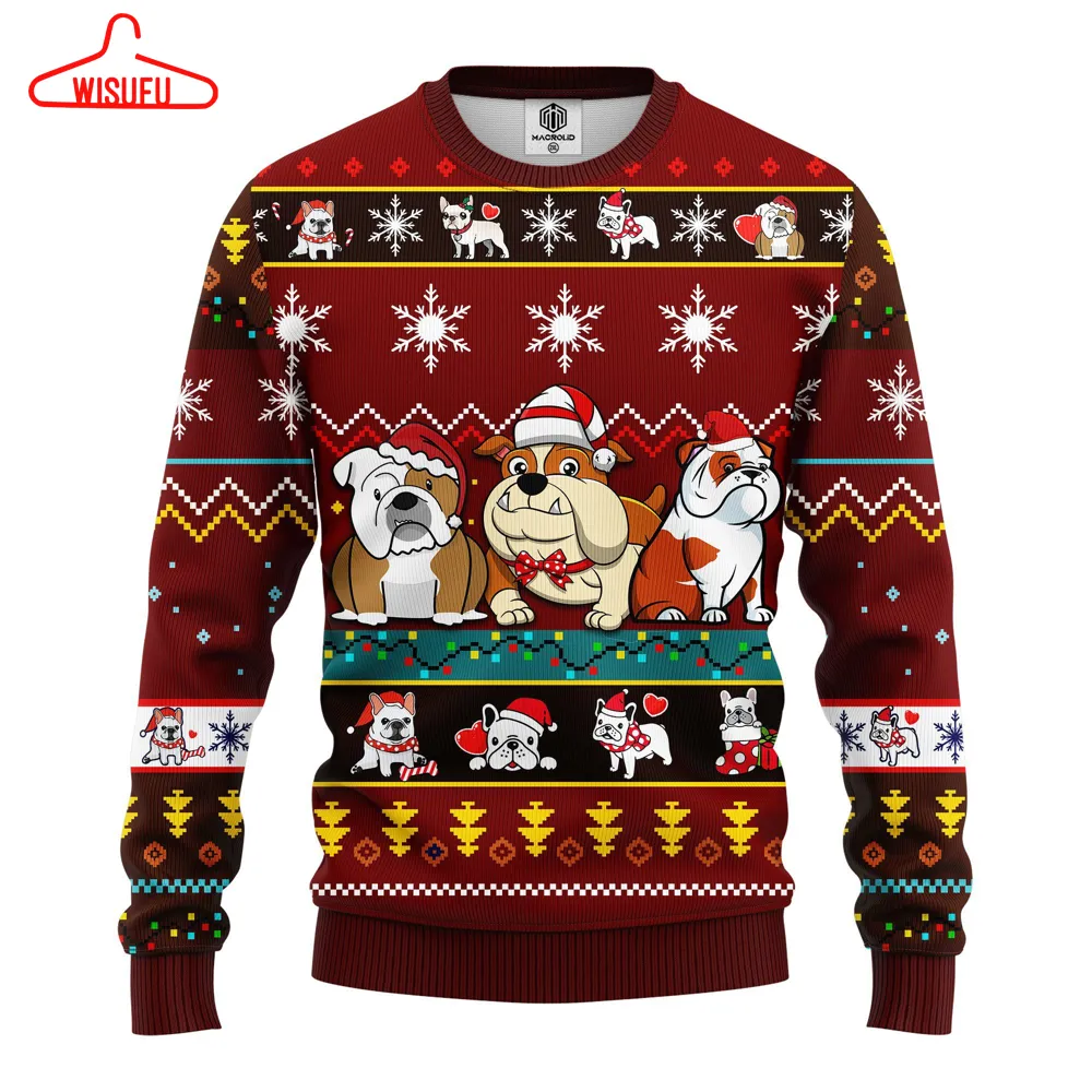 Bull Dog Cartoon Noel Mc Ugly Christmas Red Brown, All Over Print New Winter Fashion 3d Sweater, Best Gift Ideas