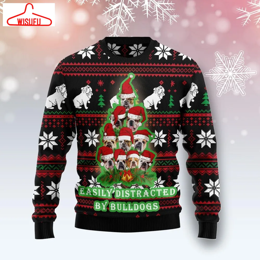 Bulldog Pine Tree Christmas Ugly Christmas Sweater - For Men & Women - Adult - New Winter Fashion Shirt Gift For Family