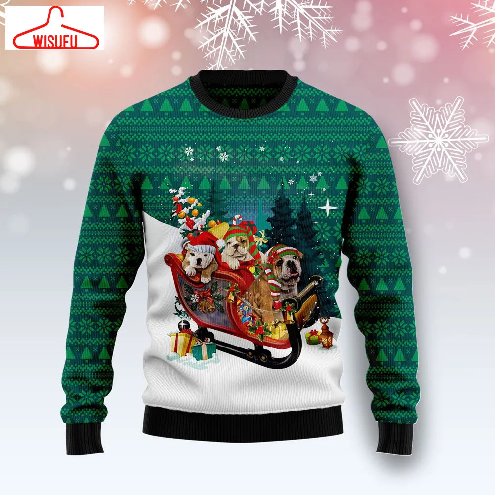 Bulldog Sleigh Ugly Christmas Sweater - For Men & Women - Adult - New Winter Fashion Shirt Gift For Family