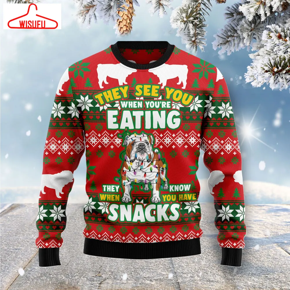 Bulldog Snacks Ugly Christmas Sweater - For Men & Women - Adult - New Winter Fashion Shirt Gift For Family