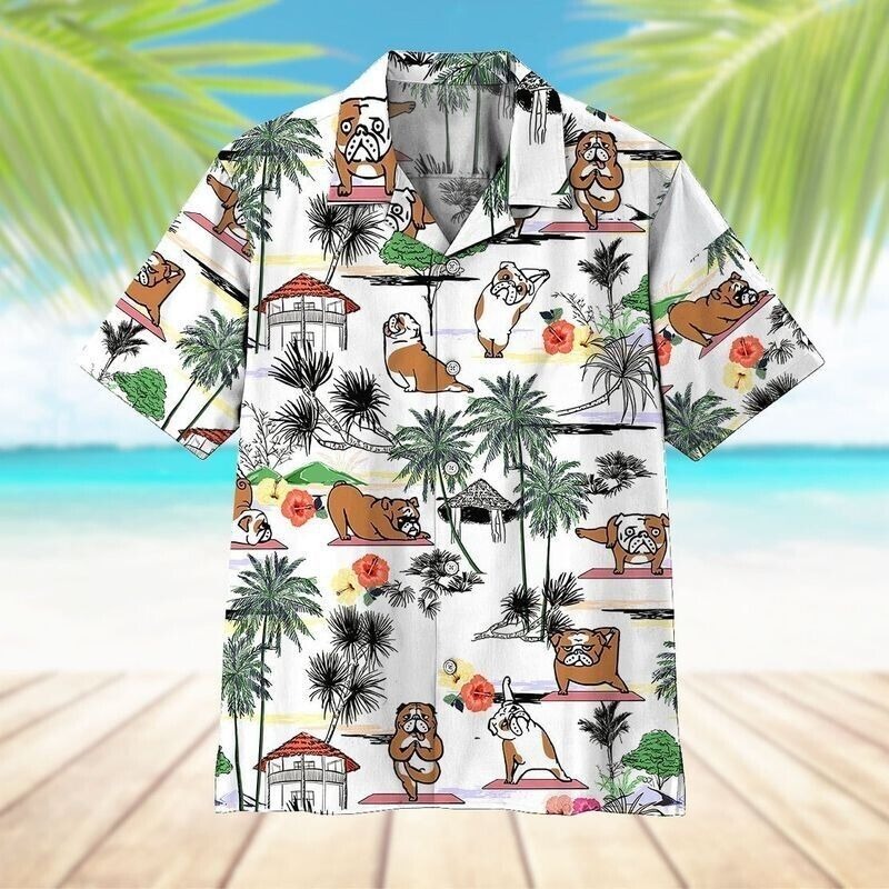 Bulldog Yoga White - Unisex Hawaiian Shirt For Fan, Beach Shirt, S-5XL US SIZE