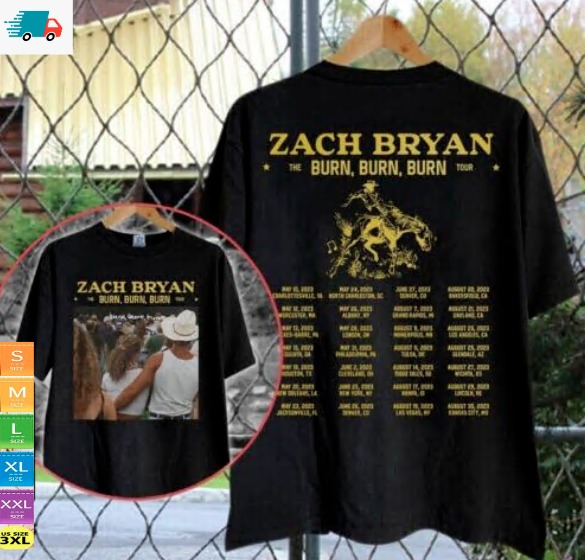 Burn Zach Bryan Tour 2023 T-Shirt Gift Size All Concert Sided Double Fans Music