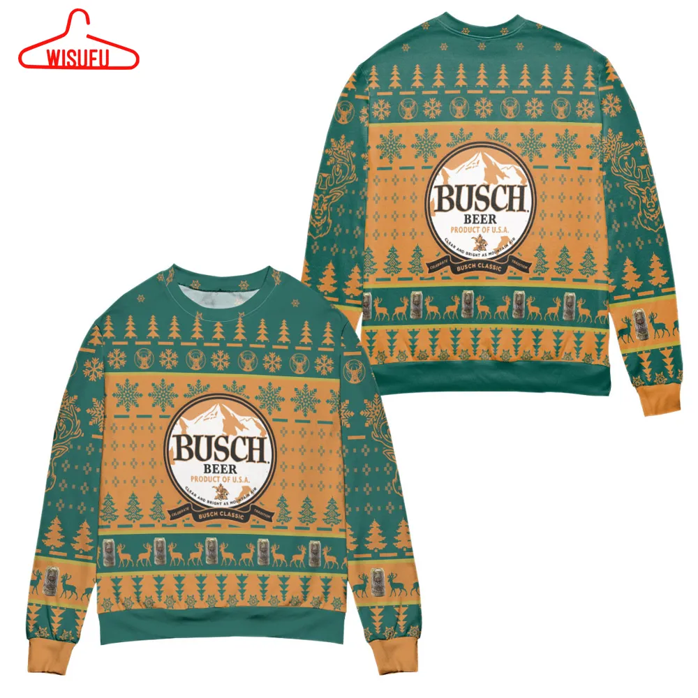 Busch Beer Product Of Usa Pine Tree Snowflake Pattern Ugly Christmas Sweater