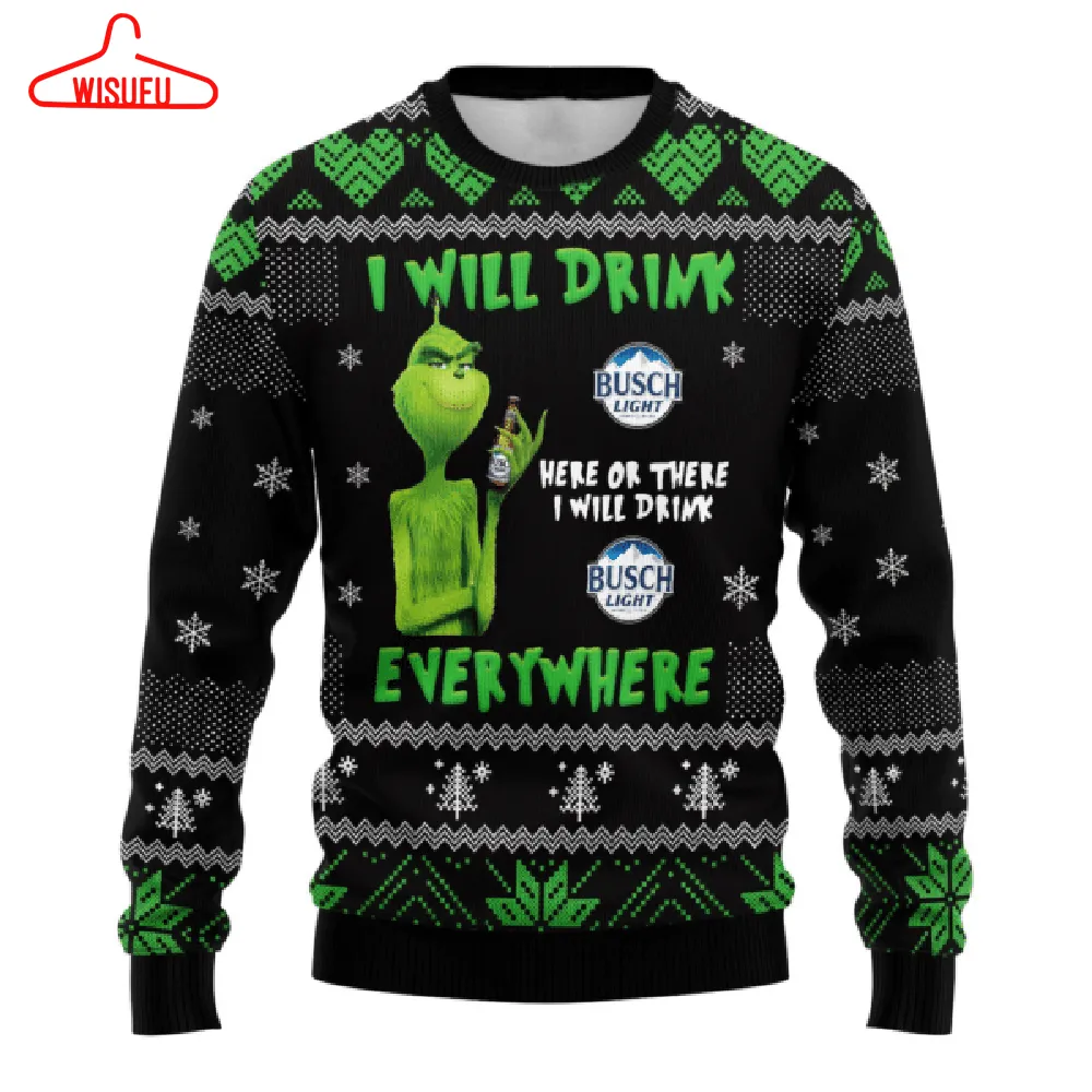 Busch Light Beer Grinch I Will Drink Everywhere Ugly Sweater Gifts, Busch Beer Gift Fan Ugly Sweater