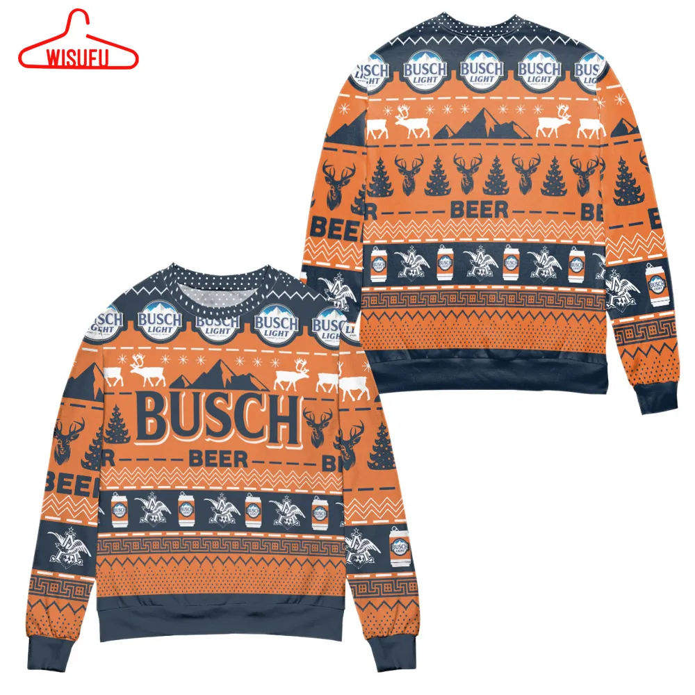 Busch Light Beer Reindeer Blue Orange Pattern Ugly Christmas Sweater