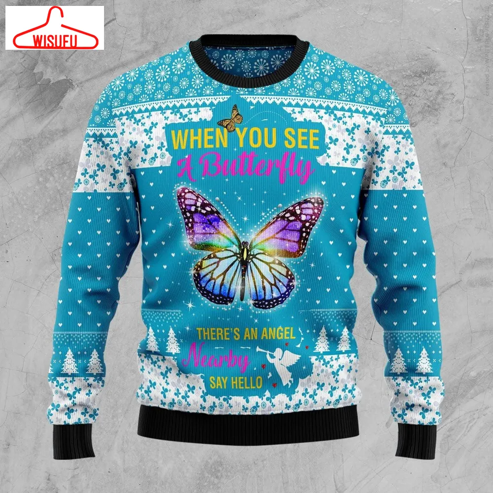 Butterfly Nearby Say Hello Ugly Christmas Sweater - For Men & Women - Adult - New Winter Fashion Shirt Gift For Family