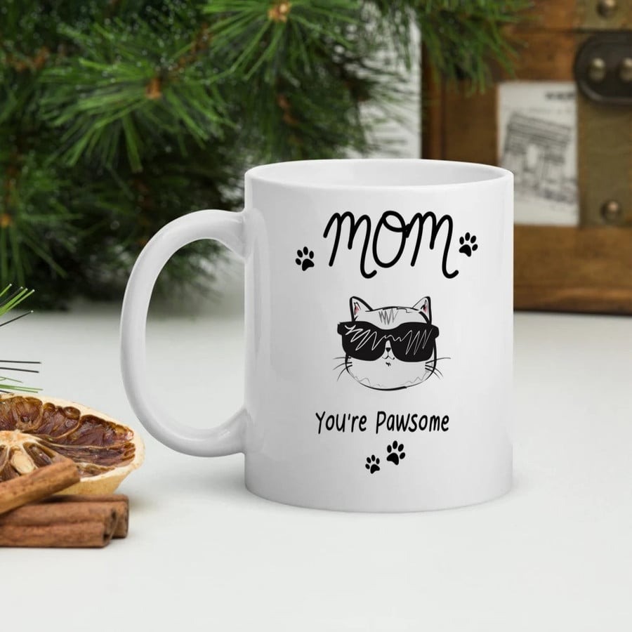 CUTE GLASSES BLACK CAT MOM MUG, MOM YOU'RE PAWSOME CUPS, GREAT IDEAS TO MOM FROM DAUGHTER, SON, TO MY MOM FROM SON, PERFECT IDEAS GIFT TO MOMMY, GRANDMA, SISTER ON MOTHER'S DAY