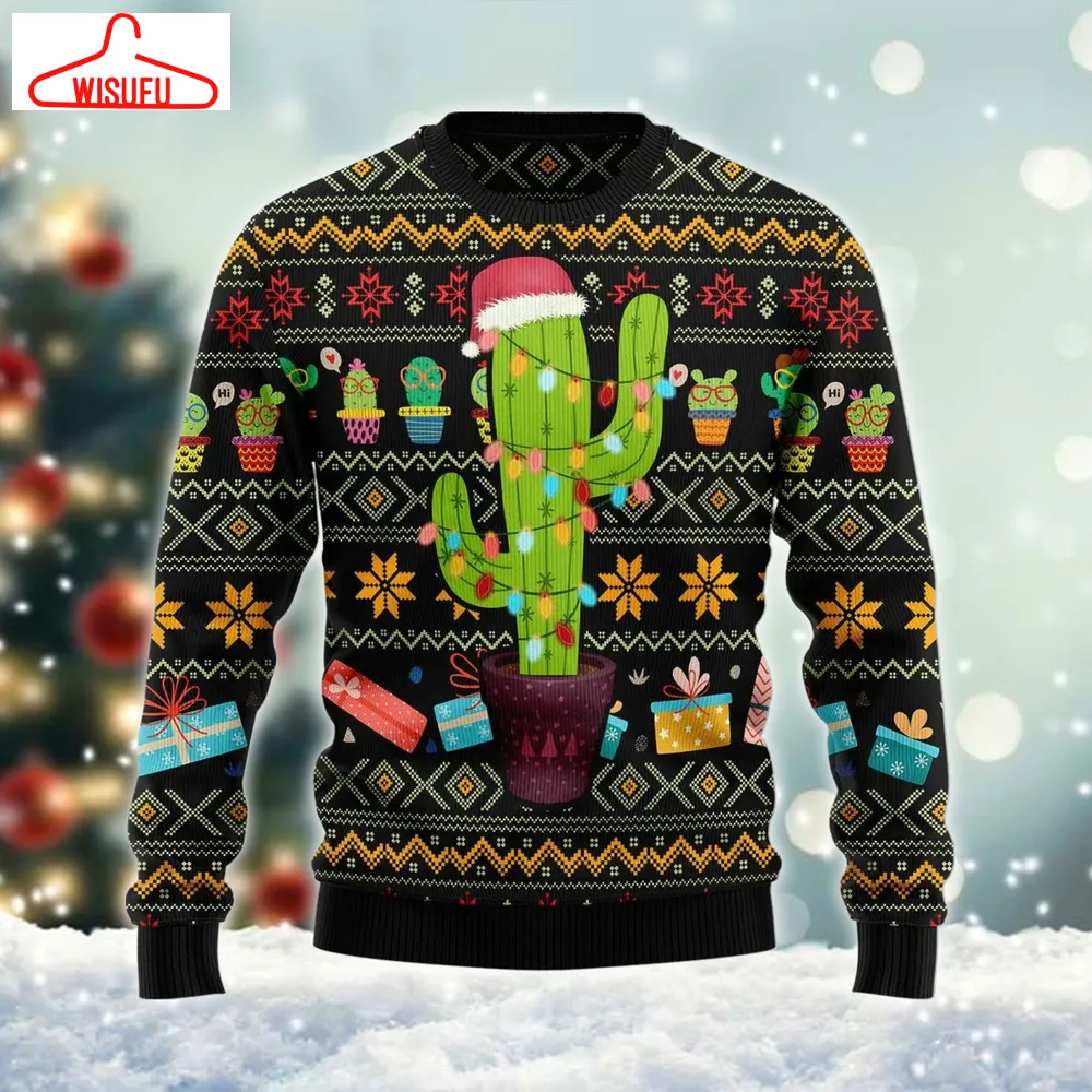 Cactus Wearing Santa Claus Hat Ugly Sweater