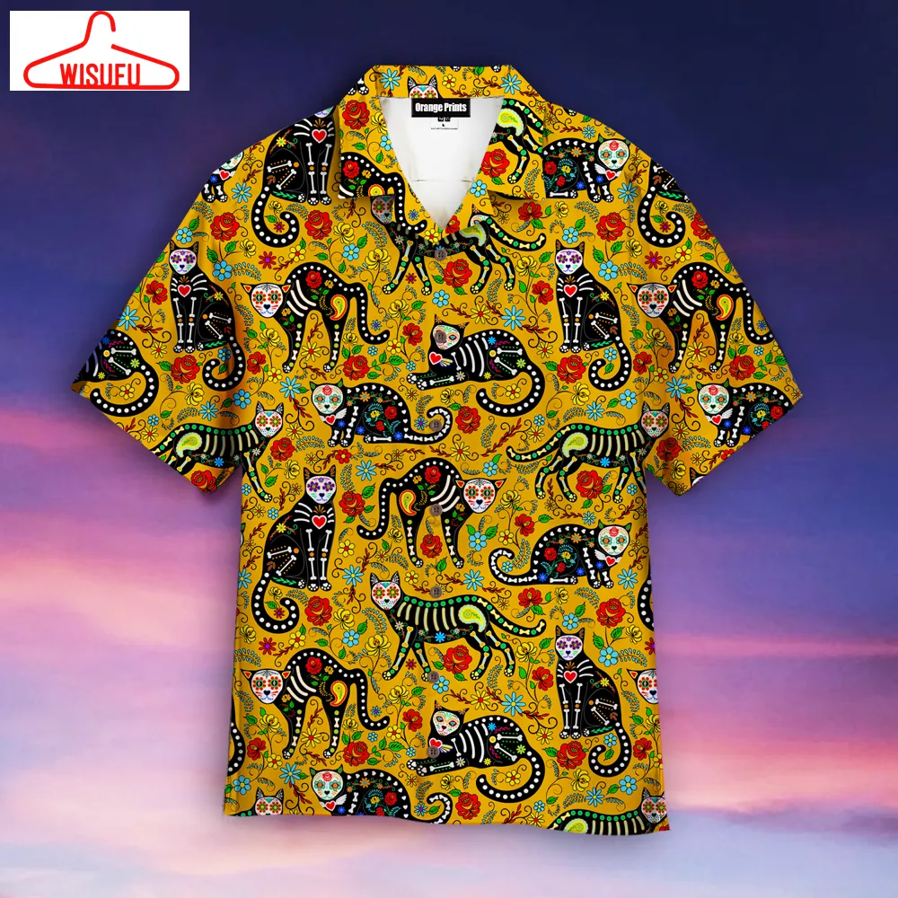 Calavera Sugar Skull Black Cats In Mexican Style Hawaiian Shirt