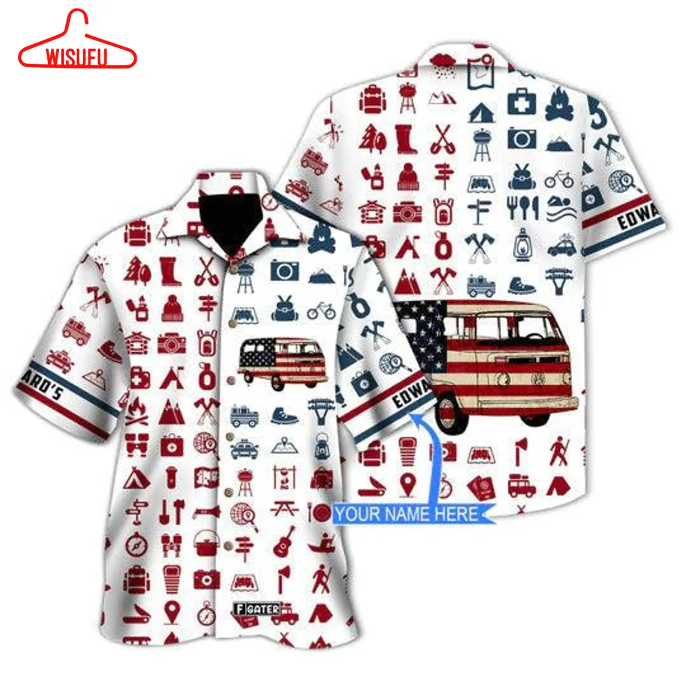 Camping Vans American Flag Personalized Hawaiian Shirt