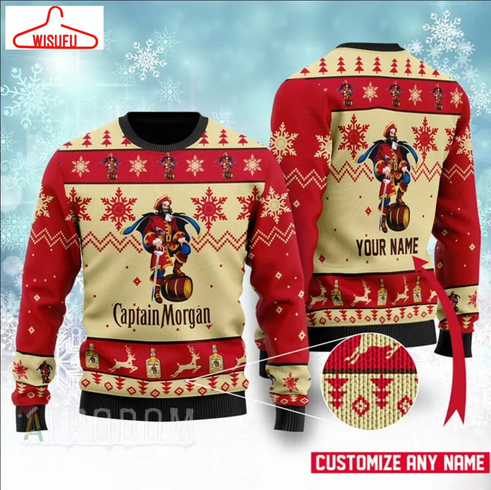 Captain Morgan Custom Ugly Knitted Christmas Sweatshirt, Custom Xmas Sweater, Christmas Sweater, Ugly Christmas Sweater