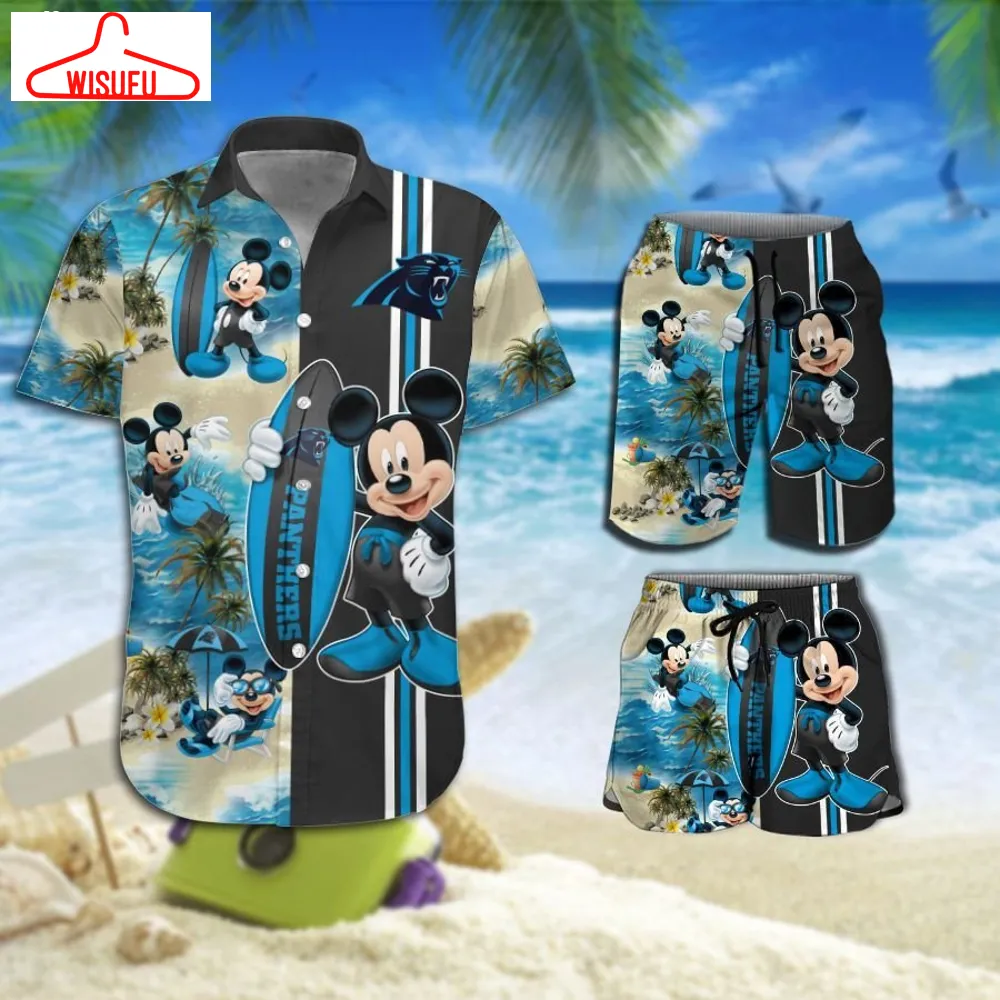 Carolina Panthers Mickey Mouse Surfing On The Beach Hawaiian Shirt Beach Short, New Fashion Gifts