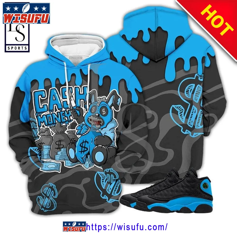 Cash Money Bear Sneaker Match Black University Blue 3d Hoodie