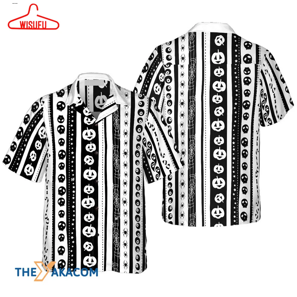 Casual Halloween Pattern Black And White Stripe Hawaiian Shirt, New Fashion Gifts