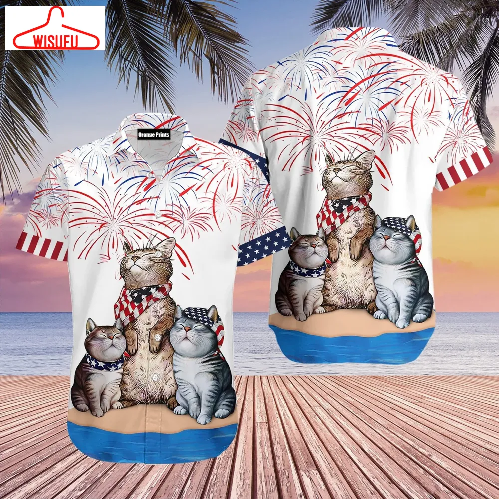 Cat American Flag F-irework Hawaiian Shirt