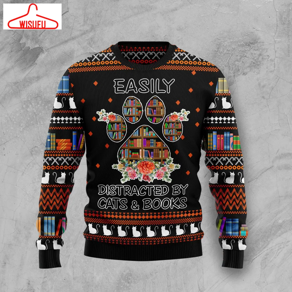 Cat And Books Ugly Christmas Sweater - For Men & Women - Adult - New Winter Fashion Shirt Gift For Family