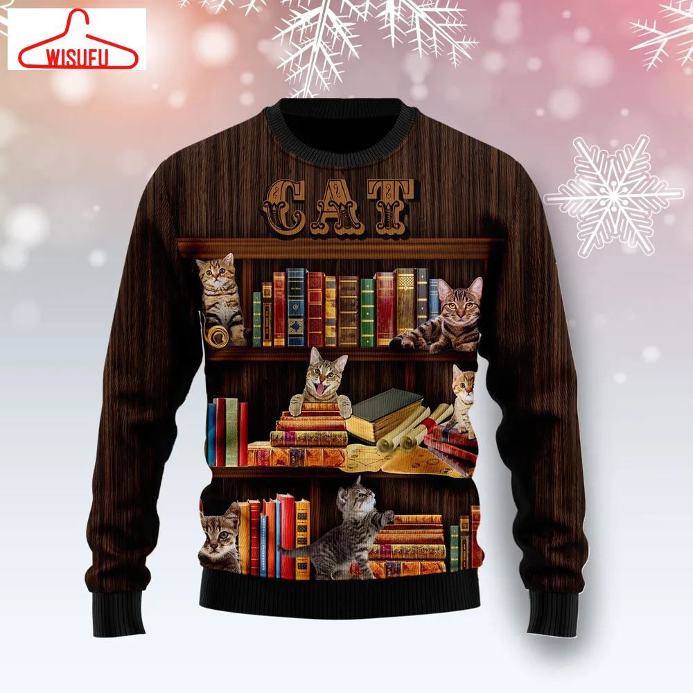 Cat Bookcase Ugly Christmas Sweater - For Men & Women - Adult - New Winter Fashion Shirt Gift For Family