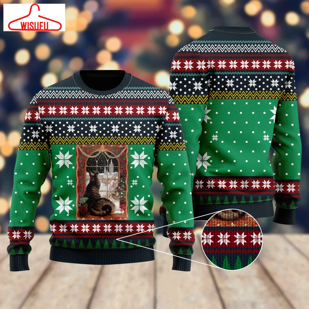 Cat Christmas Snow Window Ugly Christmas Sweater - For Men & Women - Adult - New Winter Fashion Shirt Gift For Family