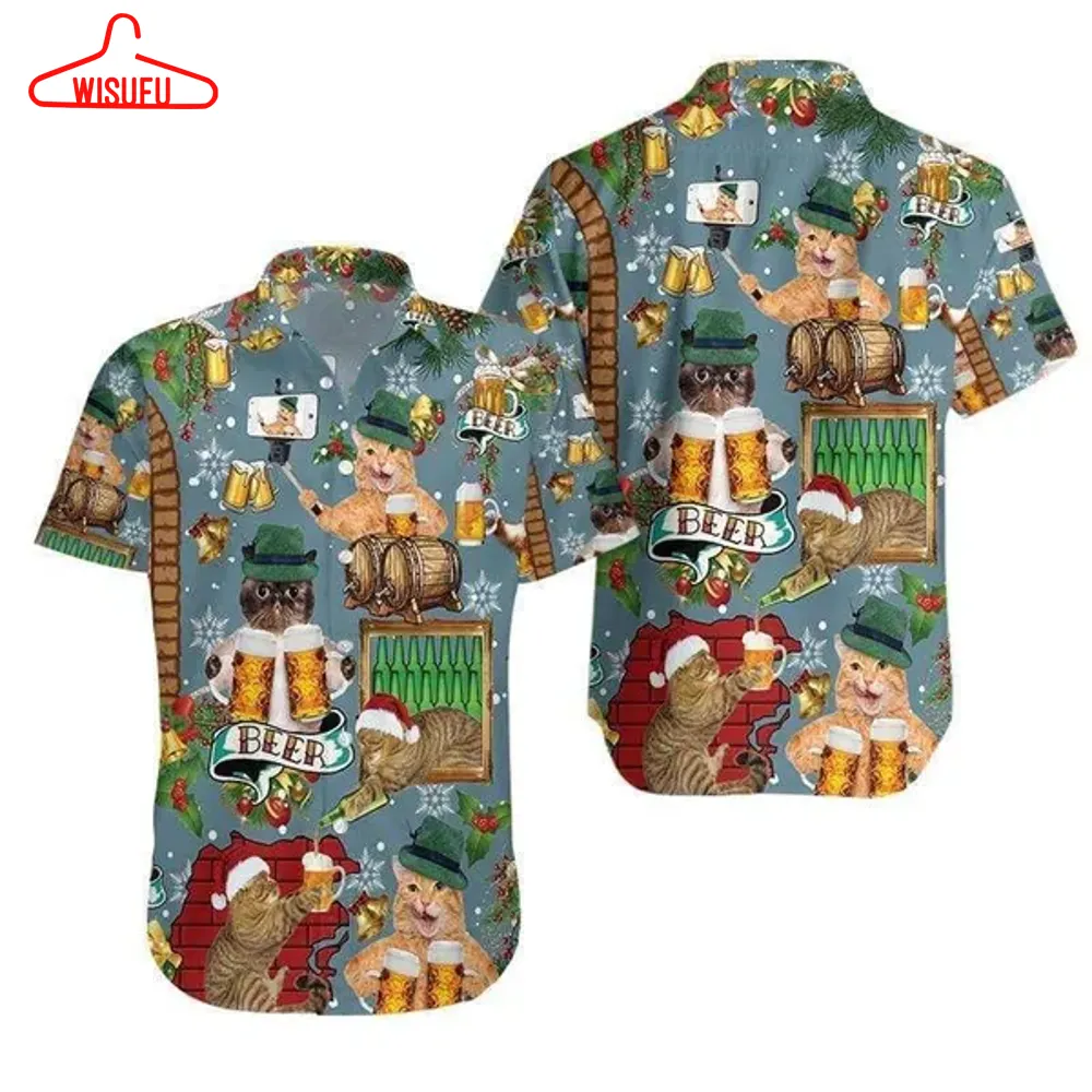 Cat Drinking Beer Merry Christmas Hawaiian Shirt