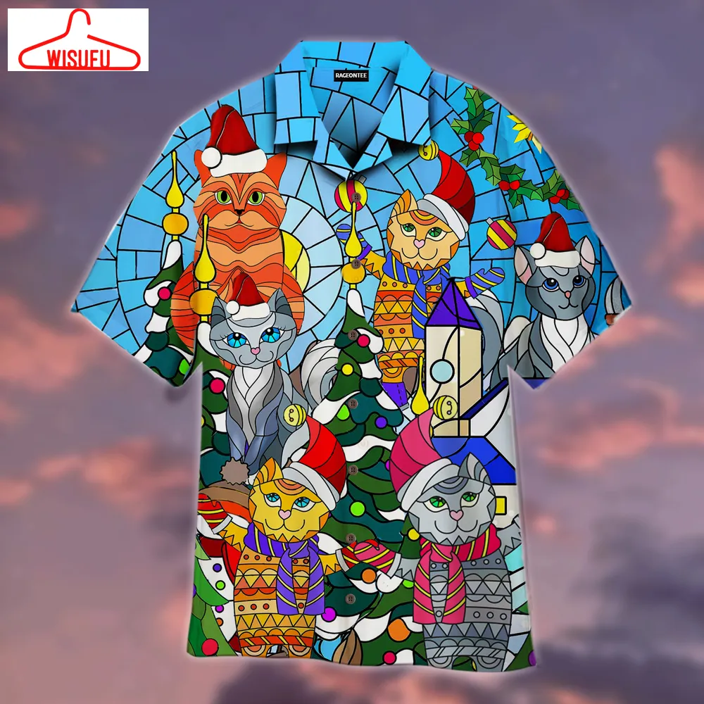 Cat Family Merry Christmas Stained Glass Hawaiian Shirt