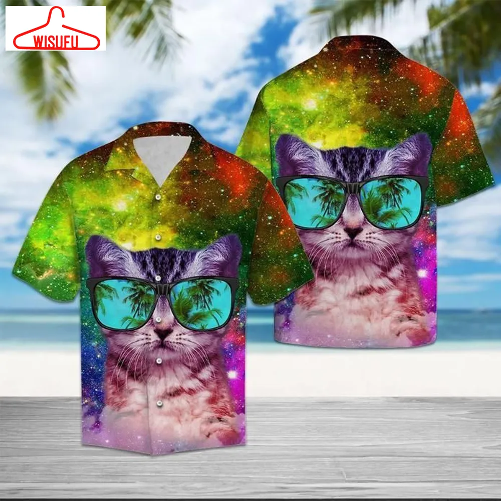 Cat Galaxy Hawaiian Graphic Print Short Sleeve Hawaiian Shirt Size S - 5xl, New Fashion, Best Gift Ideas, New Fashion Gifts