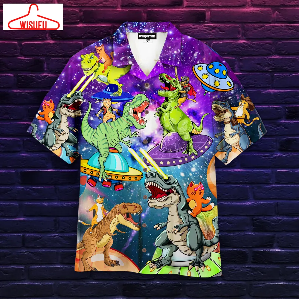 Cat Ride Dinosaurs In Galaxy Space Hawaiian Shirt