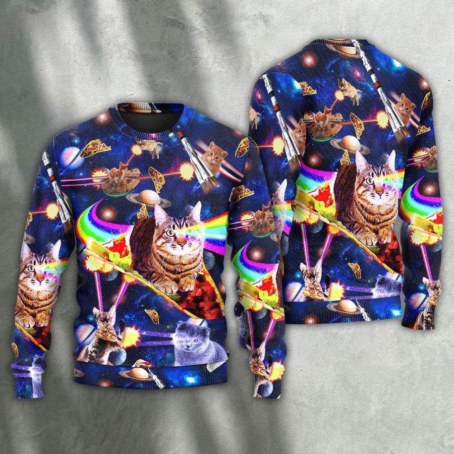 Cat Ride Food In Space - Sweater - Ugly Christmas Sweaters