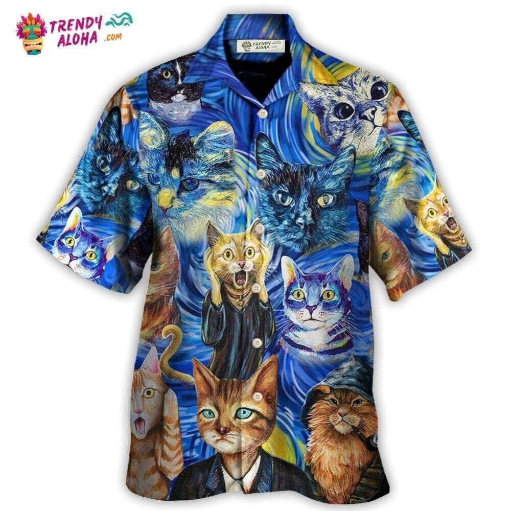 Cat Starry Night Funny Cat Hawaiian Shirt, Family Beach Shirt, S-5XL US Size