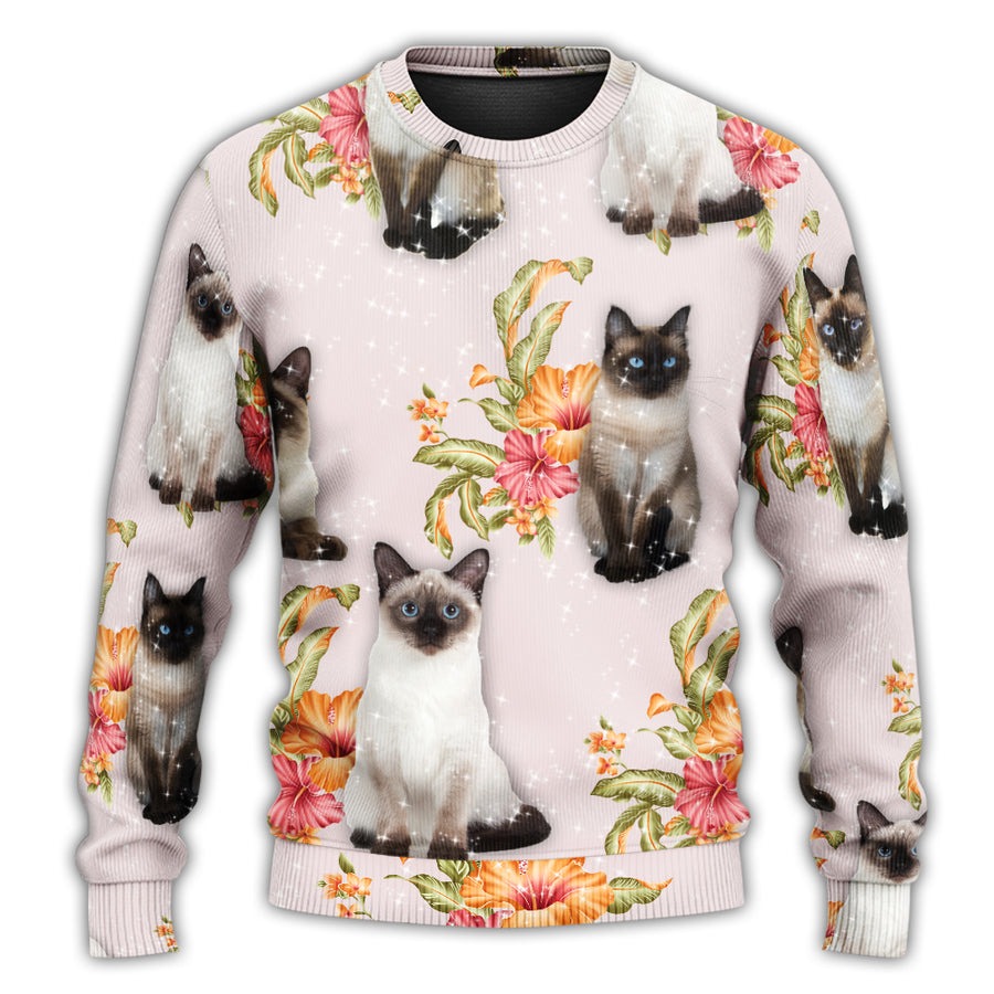 Cat Tropical Floral Siamese Cat - Sweater - Ugly Christmas Sweaters