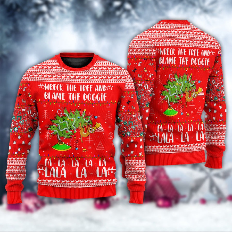 Cat Wreck The Tree Christmas Red Style - Sweater - Ugly Christmas Sweaters